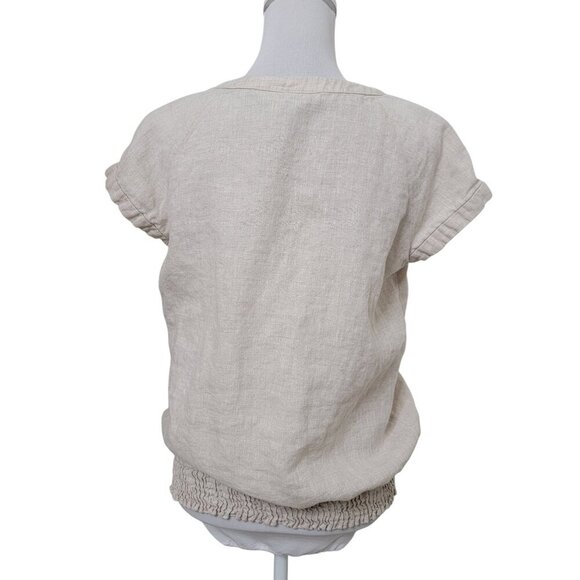 Style & Co Size 10 Oatmeal Colored 100% Linen Studded Neckline Short Sleeve Top - Picture 5 of 12